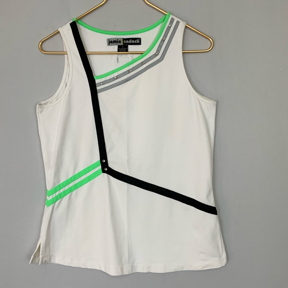 Jamie Sadock Small White Sleeveless Golf Tennis Tank Top Neon Green Studded